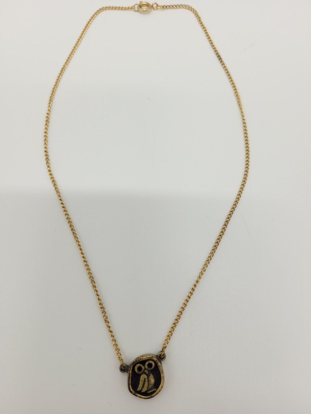 Vintage Donley Gold Tone Black Owl Pendant Necklace Costume Jewelry Short Chain